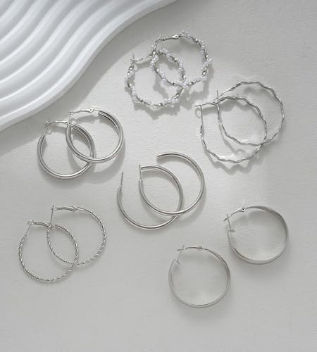 36 Pairs Gold Hoop Earrings Set for Women, Chunky Gold Earrings Multipack, Trendy Hypoallergenic Silver Hoop Earring Pack (Style1-silver)