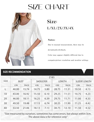 FOLUNSI Women's Plus Size 3/4 Sleeve Blouses Double Layers Mesh Shirt White,2X