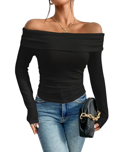 Prettywear Women's Sexy Off Shoulder Tops Business Casual Slim Fit Long Sleeves Spring Fall Blouse Going Out Nightout Shirt Champagne