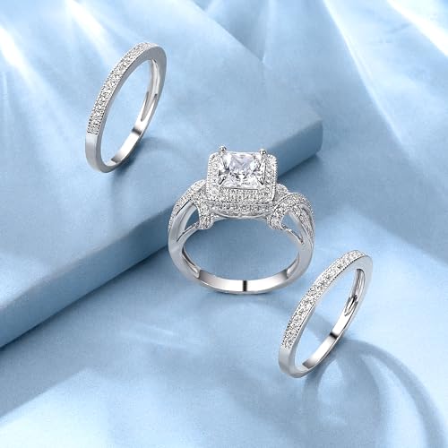 MDFUN18K White Gold Plated Cubic Zirconia Three-in-One Square Halo Wedding Engagement Promise Eternity Ring for Women (5)