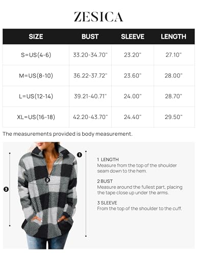ZESICA Women's Plaid Long Sleeve Zipper Sherpa Fleece Sweatshirt Pullover Jacket Coat with Pockets,Black,Small