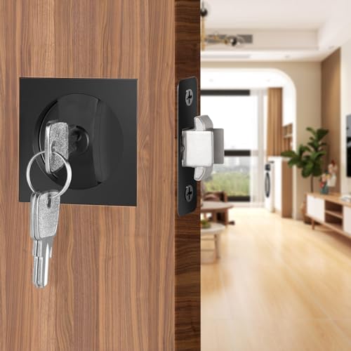 Aglehome Square Door Hardware - Sliding Pocket Door Lock with Key, Flush Latch for Bed/Bath, Matte Black, 2-3/8" Backset