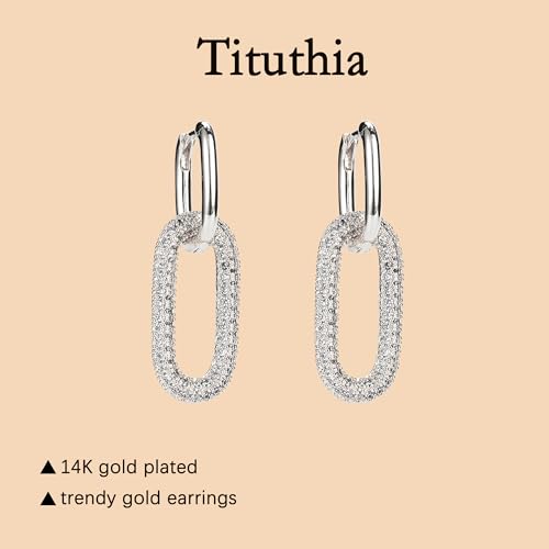Tituthia Gold Earrings for Women Trendy, Simple Dainty 14K Gold Plated Paperclip Square Chain Link Dangle Hoops Earrings Pin Stud Huggie Earrings Lightweight Hypoallergenic Minimalist Aesthetic Gold