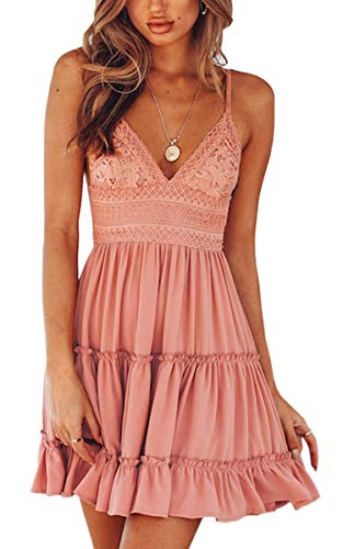 ECOWISH Womens V-Neck Spaghetti Strap Bowknot Backless Sleeveless Lace Mini Swing Skater Dress Black 2 Small