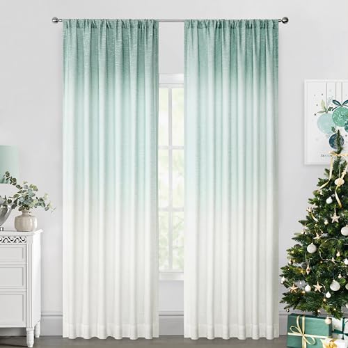 Vision Home Ombre Window Cutains Panels Linen Texture Gradient Light Filtering Semi Sheer Curtains 63 inch Length for Living Room Bedroom Rod Pocket,Cream White to Aqua,50" Wx63 L Each,2 Panels