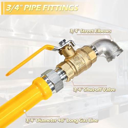 Safety System Kit, 3/4 In ID 48" Gas Hose Connector Kit with Elbows Quick Disconnect Gas Line Hose Full Port Gas Valve Restraining Device and Swivel Connector for Commercial Kitchen Equipment
