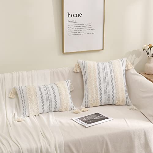 decorUhome Decorative Boho Throw Pillow Cover 12x20, Lumbar Accent Neutral Tufted Pillow Cover for Couch Bed Sofa, Textured Striped Woven Pillow Cover, Beige and Cream White, Pack of 1