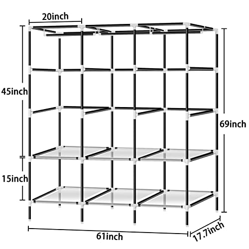 LOKEME Portable Wardrobe, 61-Inch with 3 Hanging Rods and 6 Storage Shelves, Non-Woven Fabric, Stable and Easy Assembly Black Portable Closets for Hanging Clothes with Side Pockets
