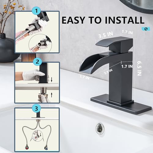 Brushed Nickel Waterfall Bathroom Faucets, High-Flow Bathroom Faucets 1 Hole, Single Handle Bathroom Sink Faucet, Modern Vanity Faucet with Pop Up Drain and Water Supply Lines