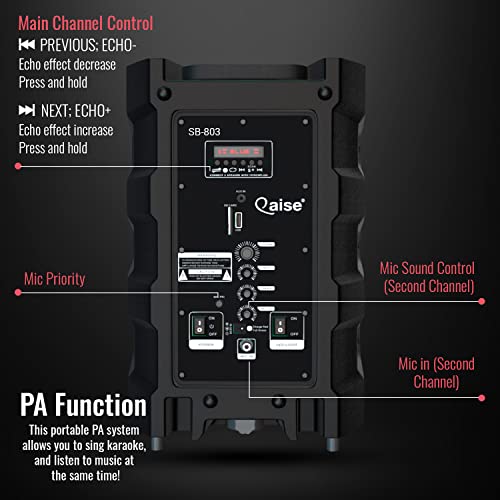 QAISE Portable PA System with Wireless Mic - Bluetooth Party Boombox Speaker & Karaoke Machine with Lights, Dual 10” Subwoofer, X-Bass & 8000 Watts Peak Power - SonicBoomer X-Dix