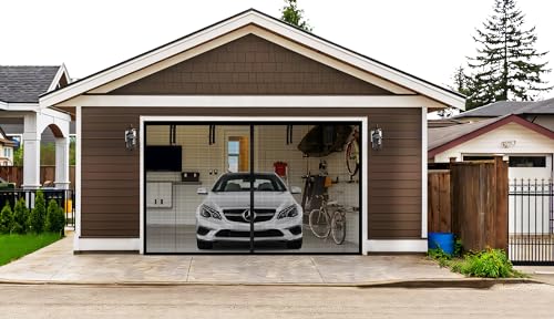 LONGEAS Garage Door Screen 2 Car 16x7ft Magnetic Closure Heavy Duty Weighted Bottom Garage Screen Door,Upgraded PET Mesh Stronger Than Fiberglass and Polyester,Hands Free,Keep Pesky Animals Out