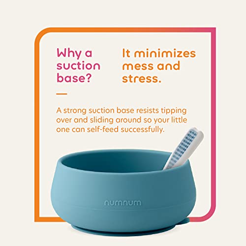 NumNum Suction Bowl + Pre-Spoon GOOtensils Self Feeding Set for Babies & Toddlers | Baby Spoon Set (Stage 1+ 2) | 100% Food Grade Silicone BPA-Free | Strong Suction | 4 months+ (Blue/Glacier Green)
