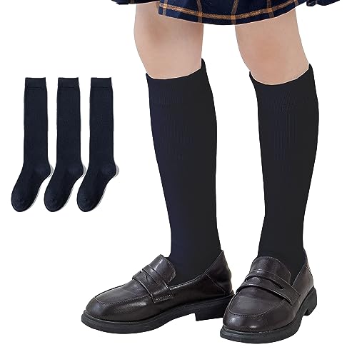 EPEIUS Girls Knee High Socks Seamless Cotton School Uniform Socks Kids Boy Long Socks 8-11 Years Ivory White 3 Pack (Ivory L)