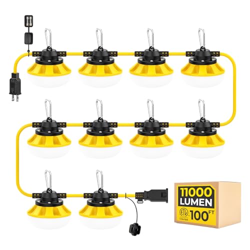 Hyanglux 50FT Construction String Lights: 50w 5500lm ETL Certified Bright Industrial Outdoor Temporary Lighting Led Hanging IP65 Waterproof 18AWG Wire Work Light for Attic Jobsite Garage