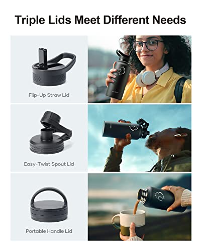 BUZIO 32 oz Water Bottle Insulated with Straw & 3 lid and Carrying Pouch, Leak Proof Anti-Slip Stainless Steel Water Flask Jug, Cold for 48 Hrs Double Vacuum Thermo Canteen, BPA-Free, Black