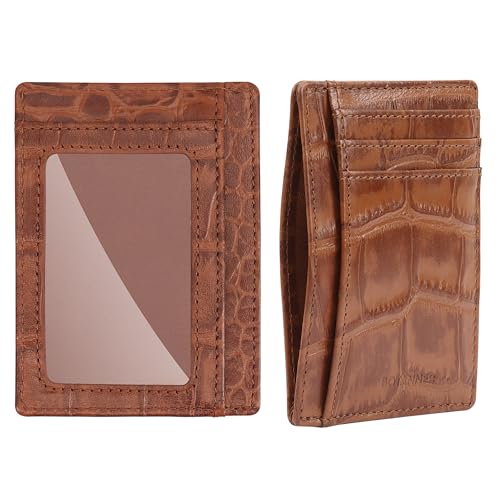 BOTANNER Genuine Leather Slim RFID-Blocking Card Holder – 3 Card Slots, 1 ID Window, 2 Additional Pockets,1 note section Croc-Embossed Design | Unisex (Chestnut)