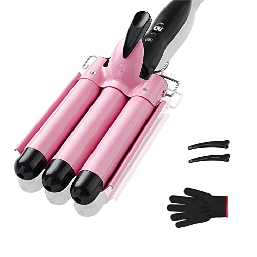 3 Barrel Curling Iron Hair Crimper, TOP4EVER 25mm(1 inch ) Professional Hair Curling Wand with Two Temperature Control,Fast Heating Portable Crimpers for Waving Hair (Pink)