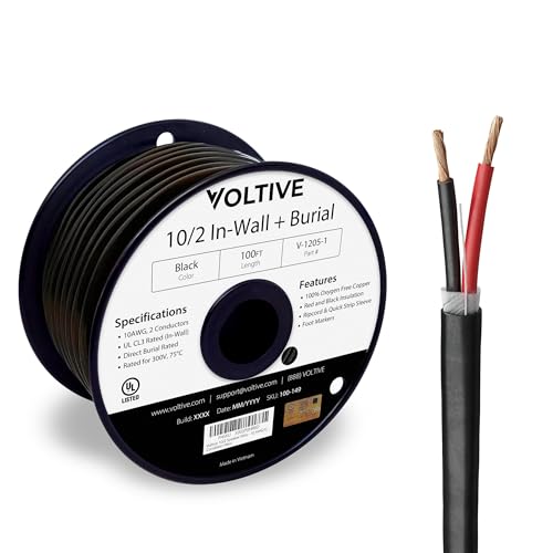 Voltive 10/2 Speaker Wire - 10 AWG/Gauge 2 Conductor - UL Listed in Wall (CL2/CL3) and Outdoor/In Ground (Direct Burial) Rated - Oxygen-Free Copper (OFC) - 100 Foot Spool - Black