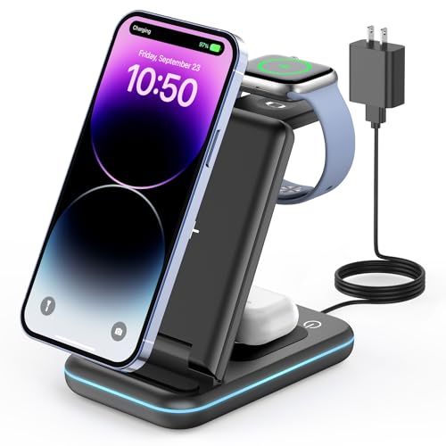 GEEKERA 3 in 1 Wireless Charging Station, Foldable Wireless Charger Stand for Multiple Apple Devices for iPhone 15 14 13 12 11 Pro Max Plus XR XS X, Apple Watch Ultra/9/SE/8/7/6/5/4/3/2, AirPods Pro/3