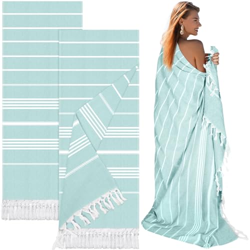 Oudain 2 Packs Oversized Turkish Beach Towel, 61" x 82" Extra Large Cotton Beach Towels for Adults Turkish Beach Blanket Travel Lightweight Sandproof for Bath Beach Gift Beach Supplies(Royal Green)