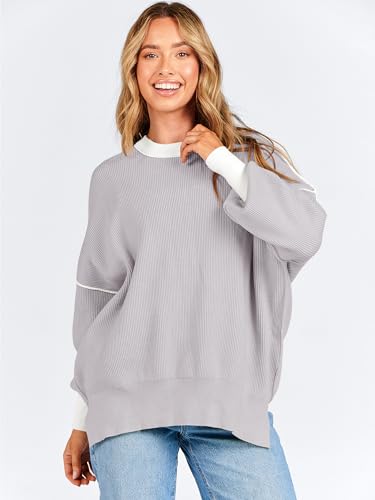 ANRABESS Womens Oversized Sweaters Fall 2025 Fashion Crewneck Batwing Long Sleeve Side Slit Knit Pullover Sweater Tops Wave Brown-M