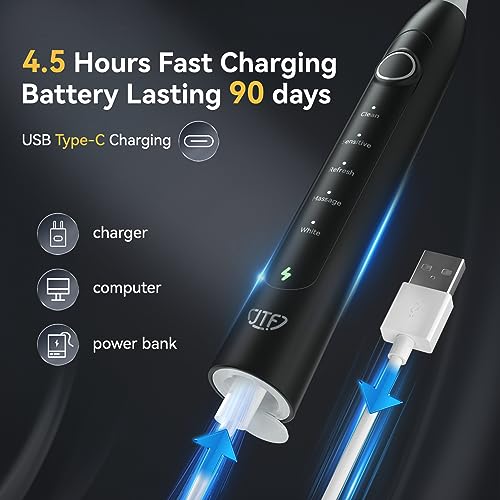 JTF Electric Toothbrush for Adults, Sonic Electric Toothbrushes with 6 Brush Heads, One Charge Last 90 Days, 5 Modes with 2 Minutes Built in Smart Timer, Power Rechargeable Toothbrush(Black)