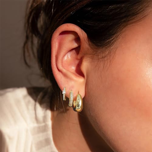 Gold Hoop Earrings Set for Women, Small Cubic Zirconia Gold Earrings Sets for Multiple Piercing, Hypoallergenic Chunky Gold Earrings for Women Jewelry