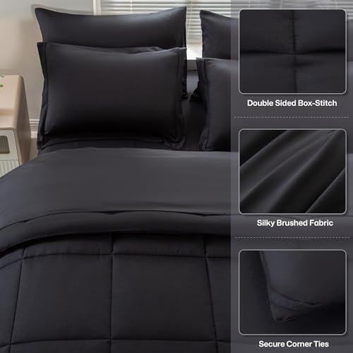 Lavisun Full Comforter Sets,Black Bedding Set 7 Pieces,All Season Soft Microfiber Complete Bedding Sets with 1 Comforter, 1 Flat Sheet, 1 Fitted Sheet, 2 Pillowcases and 2 Pillow Shams