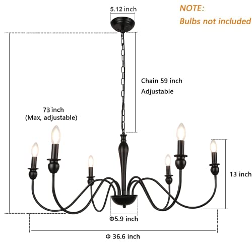 WBinDX 6-Light Farmhouse Chandelier, Rustic Black Chandeliers for Dining Room, 36.6 Inch Industrial Vintage Candle Chandelier Lighting for Bedroom Living Room Kitchen Foyer Entryway
