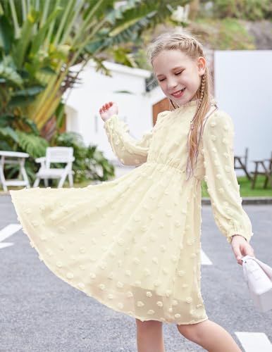 Flypigs Tween Girls Long Sleeve Fall Dresses Swiss Dot Casual Party Dress Hot Pink 7-8Years