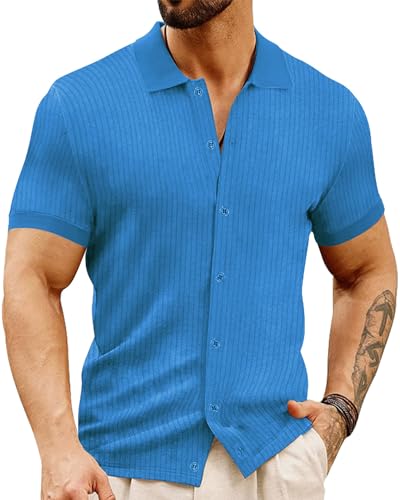 LOGEEYAR Men's Slim Fit Polo Shirts Short Sleeve Breathable Button Down Golf Shirts Ribbed Knit Soft Cotton Tops Blue