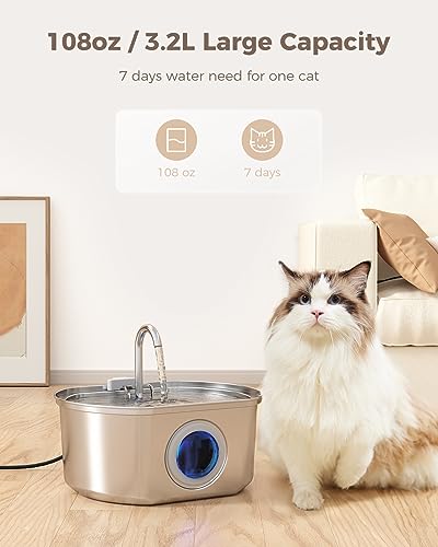 Cat Water Fountain Stainless Steel: 108oz/3.2L Cat Fountain for Drinking- Pet Water Fountain for Cats Inside - Automatic Cat Water Dispenser Bowl - Cat Feeding & Watering Supplies - Water Level Window