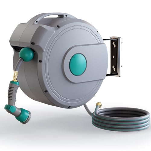 Gilbest Retractable Garden Hose Reel,1/2 in x 65 ft Wall Mounted Hose Reel, with 10- Function Sprayer Nozzle, Any Length Lock/Slow Return System/Wall Mounted/180°Swivel Bracket (Grey)