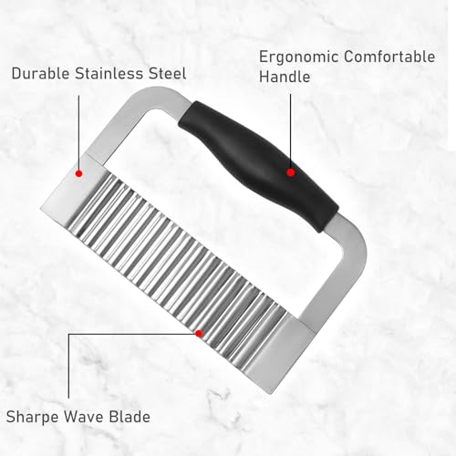Crinkle Cutter Stainless Steel Potato Slicer Heavy Duty Wavy Crinkle Cutting Chopping Tools with Wooden Handle for Carrot Veggies (1, Black)