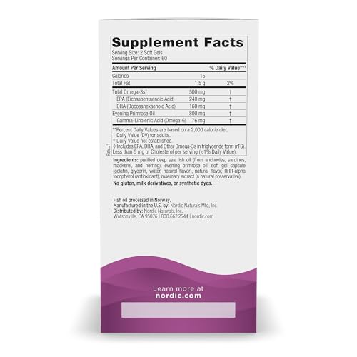 Nordic Naturals Omega Woman, Lemon - 120 Soft Gels - 500 mg Omega-3 + 800 mg Evening Primrose Oil - Healthy Skin, Hormonal Balance, Optimal Wellness - Non-GMO - 60 Servings