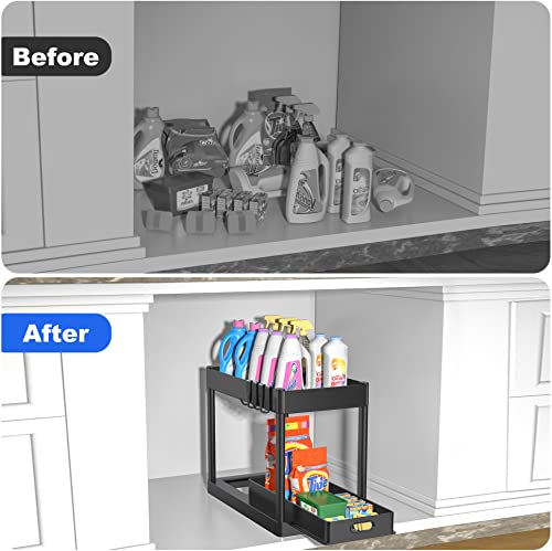 POUGNY 2PC Under Sink Organizer Rack 2 Tier Under Sliding Cabinet Basket Organizer Drawer with 4 Hooks, Multi-purpose Under Sink Storage for Bathroom Kitchen Desktop(Black)