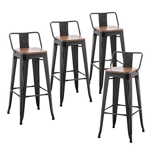 Alunaune 24" Industrial Metal Bar Stools Set of 4 Counter Height Barstools Kitchen Bar Chairs with Modern Wooden Seat, Distressed Gold Black