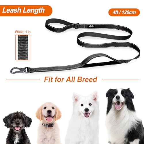 TwoEar 4FT 1IN Strong Black Dog Leash with 2 Padded Handles, Traffic Handle Extra Control, Comfortable Soft Dual Handle, Auto Lock Hook, Reflective Walking Lead for Small Medium and Large Dogs