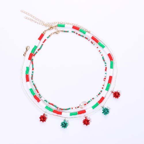 Christmas Bow Heishi Bead Choker Necklace For Woman Xmas Bows Pearl Polymer Clay Record Disc Beads Layered Necklace Boho Beach Necklace jewelry (Christmas bow chokers)