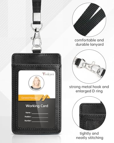 Teskyer Badge Holder with Lanyard, Leather ID Name Badge Card Holder with Lanyard for ID Badges, Vertical, Lychee Pattern Coffee