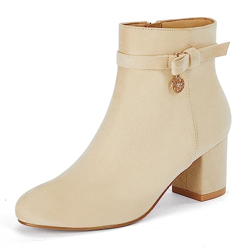 Coutgo Women's Ankle Boots Chunky Block Low Heel Vintage Tie Knot Booties Shoes with Side Zipper