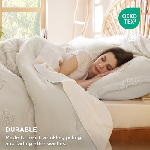 Bedsure Twin/Twin XL Comforter Set White, Boho Bedding Comforter Set, Tufted Farmhouse Bed Set, 2 Pieces, 1 Shabby Chic Fluffy Comforter and 1 Pillow Sham,with Jacquard Diamond Pattern