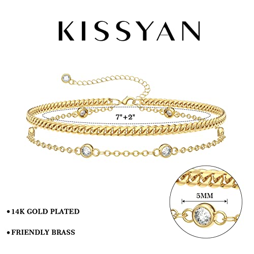 KissYan Gold Bracelets for Women, Dainty 14K White Gold Plated Layered Paperclip Tiny Pearl Cuban Link Chain Bracelet Set Adjustable Cute Jewelry Gift(G-cuban cz)