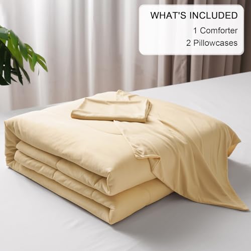 PHF Cooling Comforter Set Queen Size, 3PCS Soft Breathable Lightweight Summer Bedding Set for Hot Sleepers, Silk Smooth Double-Side Cooling Bed Set with 1 Comforter and 2 Pillowcases, Beige