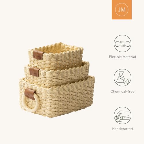 LA JOLIE MUSE Small Beige Wicker Baskets for Organizing, Recycled Paper Rope Storage Basket Container Bins for Shelves Bathroom Cupboards Drawer, Decorative Square Basket Organizer Set of 3