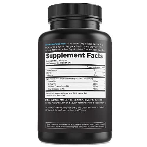 Livingood Daily Fish Oil Supplements with Omega 3 Fatty Acid, Omegas (60 Softgels) - EPA & DHA Fish Oil Pills Support Heart & Joint Health - Promotes Healthy Digestion & Brain Function - Non-GMO