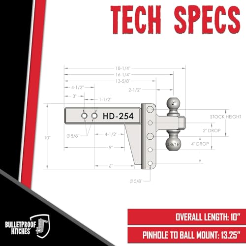 BulletProof Hitches - 2.5" Adjustable Heavy Duty Trailer Hitch (22,000 lb. Rating) - 4" Drop/Rise Trailer Hitch with 2" & 2-5/16" Dual Ball - Powder Coat, Solid Steel, Corrosion-Resistant
