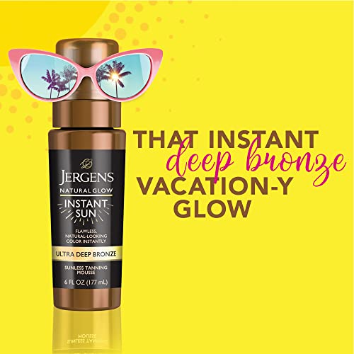 Jergens Self Tanner, Natural Glow Instant Sun, Sunless Tanning Mousse, Quick Self Tanner Foam, Ultra Deep Brozne, 6 Oz