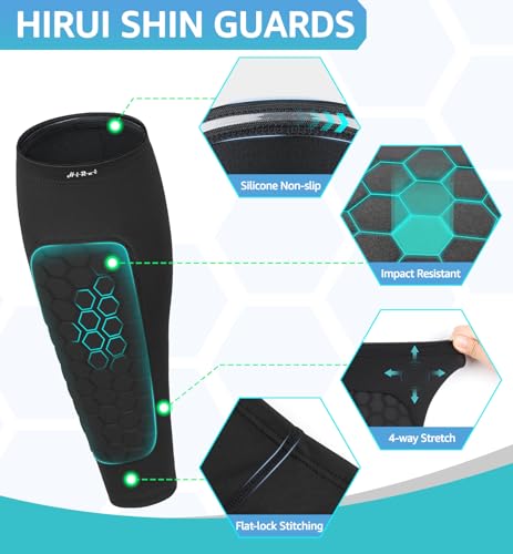 HiRui Soccer Shin Guards Shin Pads for Kids Youth Adult, Calf Compression Sleeve with Honeycomb Pads, Support for Shin Splint Baseball Boxing Kickboxing MTB, Lightweight(1PAIR) (Black, X-Small)