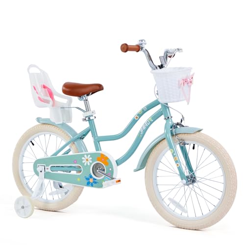 JMMD Girls Bike Ages 4-12 Years Old, Kids Bike for Toddlers with Basket & Training Wheels, 12 14 16 18 20 24 Inch Kids Bicycle with Handbrake & Kickstand, Mint